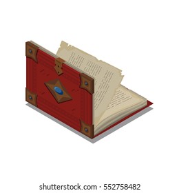 Old 3d colorful open book or tutorial. Isometric flat classbook or textbook icon. Education symbol logo. Illustration vector art.