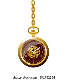 Old 3d vintage mechanical golden round pocket watch with roman numeral, mechanism and gold chain. time on clock is ten hour and ten minute, vector art image illustration, isolated on white background
