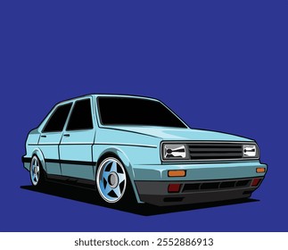 Alter 90er Jahre Autoillustrationsvektor mit blauem Hintergrund.