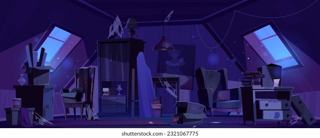 Old abandoned attic house room interior at night cartoon halloween background. Broken and scary garret inside with moonlight beam from window. Dirty home loft with dust, stains on armchair and drawers