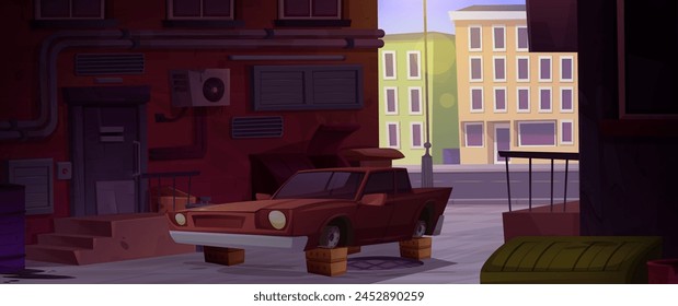 Old abandoned broken car without wheels standing in alley of ghetto neighborhood. Cartoon vector illustration of city poor street area. crime town slum alleyway with buildings and damaged transport.