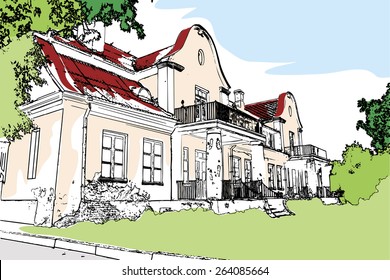 Old abandoned building with columns and a park. Vector pastel colors.