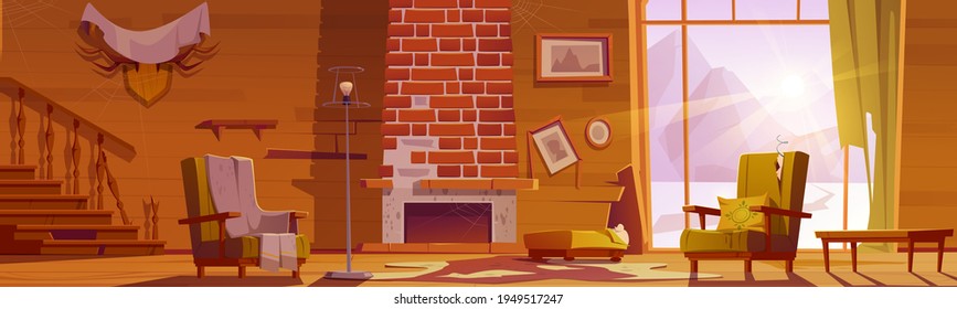 Altes verlassenes Chalet-Haus mit Holztreppe und Kamin. Vektor-Cartoon chaotisches Interieur der traditionellen Lodge, Berghütte-Wohnzimmer mit zerrissenen Vorhängen und Stuhl-Polster