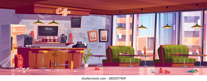 Old abandoned coffee shop with wooden counter, stools, dirty sofas and tables. Vector cartoon interior of empty cafe with broken furniture, mess and trash on floor