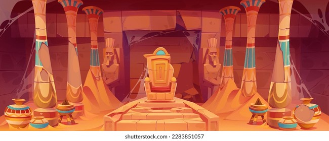 Ancianos abandonaron la sala de trono de Egipto dentro del fondo de la caricatura. Desordenada ilustración vectorial del juego interior del reino egipcio antiguo. Arquitectura palaciega rota con asiento, escaleras y columnata cerca del jarrón.