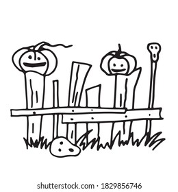 An old abandoned fence with pumpkins at the top and a skull by the fence below. Illustration for the holiday Halloween drawn in outline style doodle. Vector.