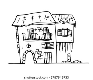 Old abandoned house building doodle outline shape combined decorative elements architecture vintage village street cozy ancient ruined home property icon. Isolated. Vector illustration