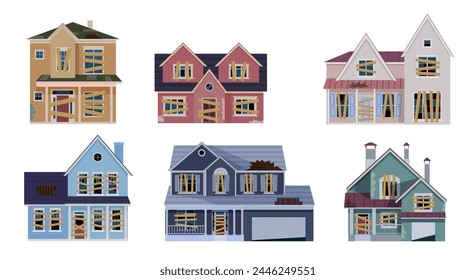 Old abandoned house cartoon Collection. Decaying suburban cottage with broken windows. Vector illustration in a flat style