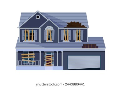 Old abandoned house cartoon. Decaying suburban cottage with broken windows. Vector illustration in a flat style