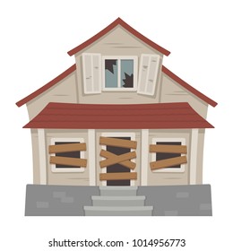 Old abandoned house cartoon vector illustration. Decaying suburban cottage with broken windows.