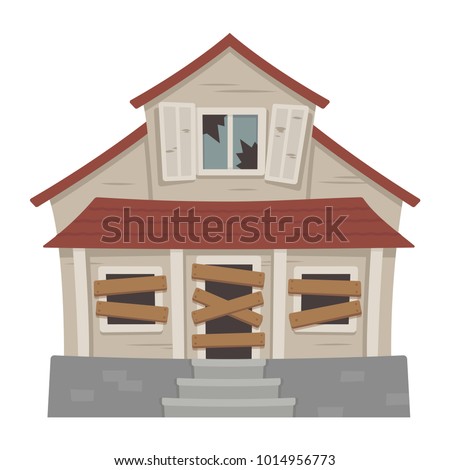 Old abandoned house cartoon vector illustration. Decaying suburban cottage with broken windows.