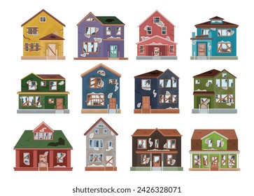 Old abandoned house cottage with cracked window and door set isometric vector illustration. Broken countryside real estate architecture destroyed two three storey shattered building exterior