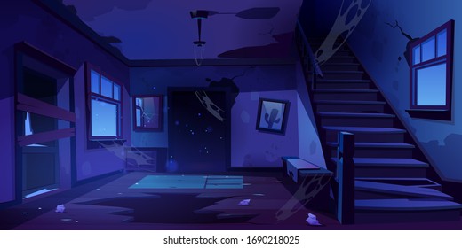 Old abandoned house with mess and broken furniture at night. Vector cartoon interior of empty home hallway with dirty walls, boarded up door, garbage, broken wooden staircase and crack in floor