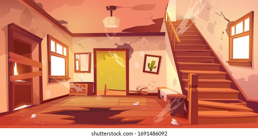 Old abandoned house with mess and broken furniture at daytime. Vector cartoon interior of empty home hallway with dirty walls, boarded up door, garbage, broken wooden staircase and crack in floor