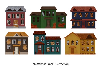 Old Abandoned Houses and Cottages Collection, Facades of One Storey and Two Storey Houses with Broken Windows and Roof Vector Illustration