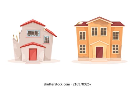 Old Abandoned Houses Set. Ruined City Buildings Damaged Of War, Earthquake Or Disaster Cartoon Vector Illustration