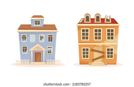 Old abandoned mansions set. Ruined buildings damaged of war, earthquake or disaster cartoon vector illustration