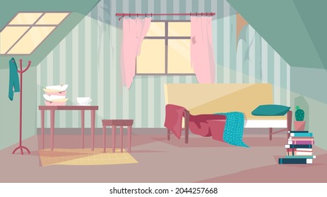 Old abandoned room interior concept in flat cartoon design. Poor sofa with pillow and blanket, table and chair, cracked dishes, window with messy curtains. Vector illustration horizontal background