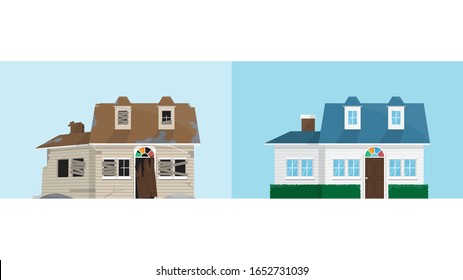 Old abandoned rundown house and new renovation house, comparison of house before and after, repair and renovate, vector illustration