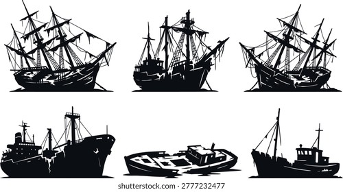 Old abandoned shipwreck, broken sailing vessel silhouettes, destroyed cargo ship ruins, oceanic maritime disaster, sunken boat icons, isolated sea.