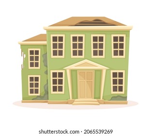 Vieja casa abandonada de dos pisos con techo roto. Dibujo vectorial de la vieja construcción suburbana