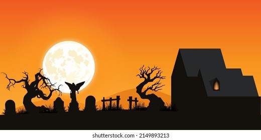 Old, abandoned village cemetery. Halloween 2022. Vector illustration.