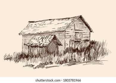 An old abandoned village house with a small barn overgrown with grass. Hand sketch on a beige background.