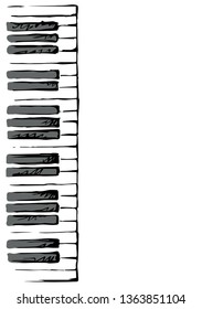 Old acordion scale border row on white backdrop. Pop song tune. Outline ink hand drawn accordian picture sign sketchy in art retro doodle album style pen on paper. Top view close up and space for text