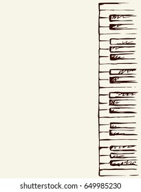 Old acordion scale row isolated on white backdrop. Outline black ink hand drawn picture sign in art retro doodle graphic style pen on paper. Top closeup view with space for text