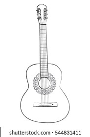 old acoustic guitar illustration, black outlines