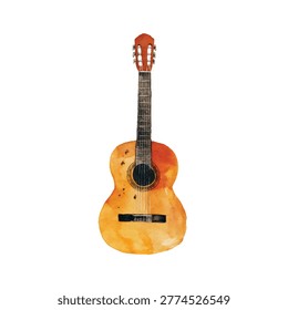 Old acoustic guitar with visible strings