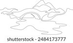 Old across the river. Crossing the lake. Stone bridge on the pond. Water landscape. One continuous line. Line art. Minimum one line. White background. One line drawing.