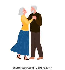 Old active grandma and grandpa dance to music vector illustration. Cartoon isolated happy senior couple dancing with love together on retro party, aged funny grandfather and grandmother dating
