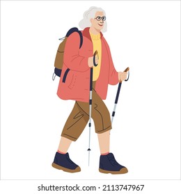 Old active woman traveling with backpacks on holidays. Happy elderly woman walking with nordic walking sticks, hiking. Colored flat vector illustration of traveler isolated on white background