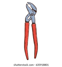 Old adjustable pliers tool, colorful vintage hand drawn illustration of tool. Vector