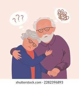 Ilustración del vector de salud mental de la pareja de adultos mayores ansiedad. Ansiosa y confundida anciana señora y hombre. Los abuelos en estrés dan abrazos. Retrato de gente madura que se preocupa por sí misma. Aislado