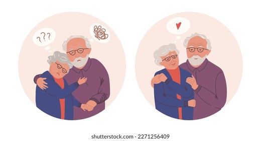 Old adult couple mental health vector illustrations set. Anxious and confused aged elder lady and man. Grandparents after stress relief treatment giving hugs. Mature people self care portrait Isolated