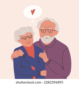 Old adult couple mental health recovery vector illustration. Psychical relief aged elder lady and man. Grandparents in a calm and love giving hugs. Mature people self care portrait. Isolated