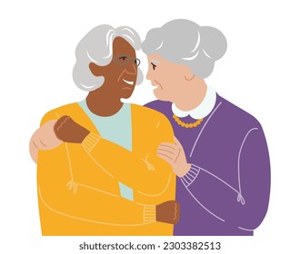 Old adult lesbian ladies couple vector illustration. Aged elder LGBT women in a calm and love giving hugs. Mature people portrait. Isolated