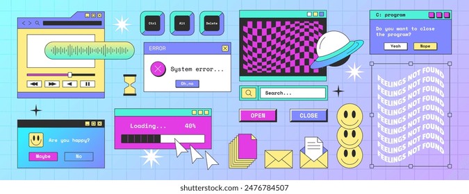 Old aesthetic pc elements in y2k style. Vector set of retro computer interface, digital screen with buttons, windows, folder, loading bar, search box, error icon. Vaporwave desktop with acid stickers.