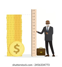 Old african american businessman holds ruler and measures size of salary or earnings. Employee standing near stacks of golden coins. Investor with high passive income, dividends. vector illustration