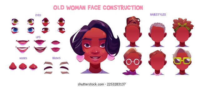 Old African American woman face constructor. Vector cartoon illustration of senior female character hairstyles, eyes, lips, brows and noses isolated on white background. Game avatar design elements