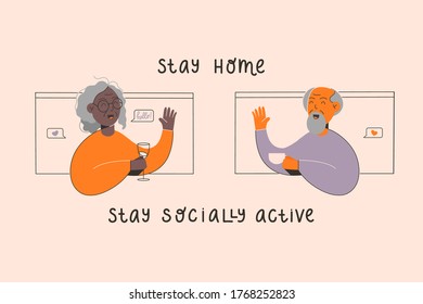 An old African American woman and man smiles and waves to each other from browser windows.
Happy aged woman and man enjoys life. Active lifestyle in elder age. Stay home, stay socially active text.