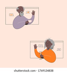An old African American woman and man smiles and waves to each other from browser windows.
Happy aged woman and man enjoys life. Active lifestyle in elder age.
