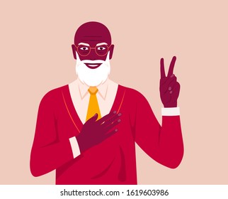 An old African bearded man with glasses smiles and shows a victory sign. Happy oldness. Grandfather. Vector flat illustration