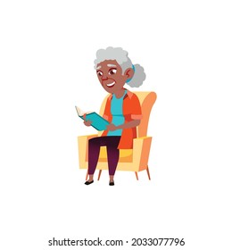 old african lady sitting on armchair and reading interesting book cartoon vector. old african lady sitting on armchair and reading interesting book character. isolated flat cartoon illustration