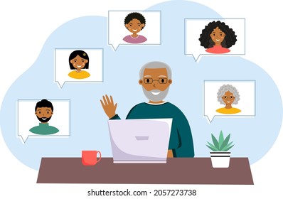 Old afro american man is sitting near laptop and talking with his family, friends and relation. Grandpa with computer. Modern technology. Stay at home concept. Vector illustration in flat style.