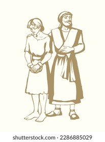 Old age Arab guard worker buyer arm caught hold mock sad face sold trap betray young despair male boy white market jail punish scene. Middle east girl work retro God art dark black sketch drawn story