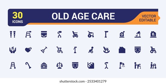 Old age care filled icons collection. Related to Elderly Care, senior healthcare, rehabilitation, nursing, patient monitoring, therapy, social care. Filled vector icons set.