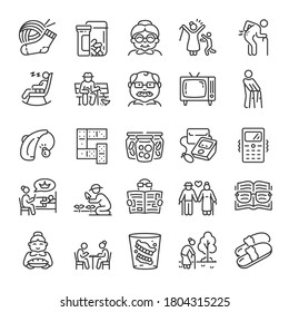 Old age, icon set. Grandfather and grandmother. Advanced age, linear icons. Old man, Nursing home. Line with editable stroke